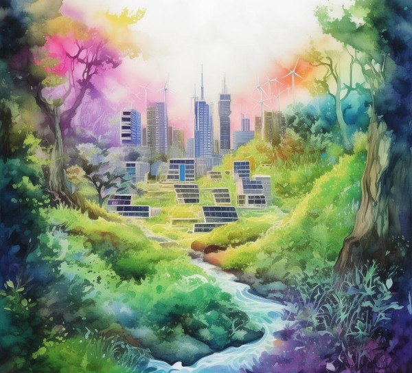 水彩画,环保与科技创新的交响乐 水彩画,环保与科技创新的交响乐